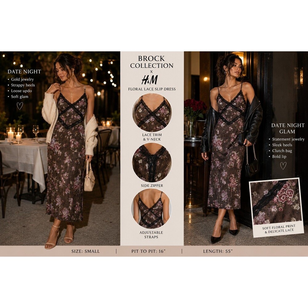 Brock Collection x H&M Women S Floral Lace Slip Midi Dress Brown Cottagecore